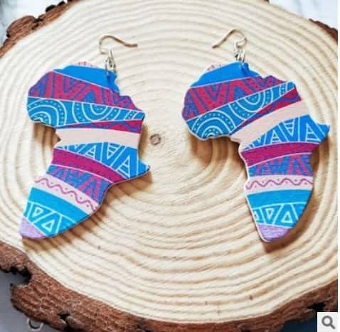 Wooden Africa Shaped Blue Earrings