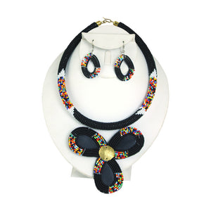 Maasai Bead Petal Necklace Set: Black