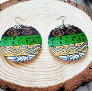 Wooden African Pattern Geometric Round Earrings