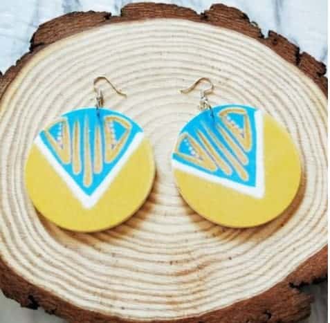 Wooden African Yellow Geometric Round Earrings